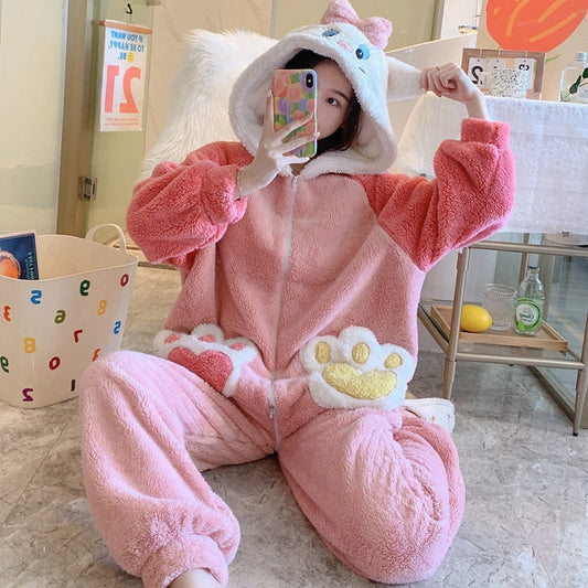 Kawaii Autumn Winter Warm Pajamas Women Sleepwear Winter Pajamas Loose Version One-Piece Cartoon Plush Hooded Nightgown Plus Size 4625