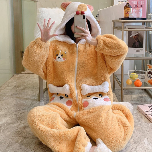 Shiba Inu Kawaii Autumn Winter Warm Pajamas Women Sleepwear Winter Pajamas Loose Version One-Piece Cartoon Plush Hooded Nightgown Plus Size 4619