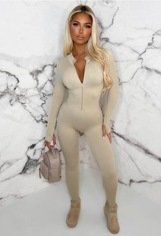 Zip Me Up Beige Long Sleeve Waist Cinching Zip Up Unitard