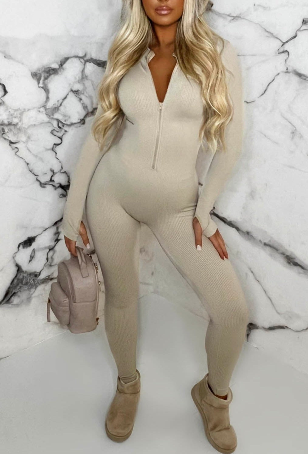 Zip Me Up Beige Long Sleeve Waist Cinching Zip Up Unitard