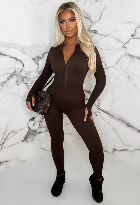 Zip Me Up Brown Long Sleeve Waist Cinching Zip Up Unitard