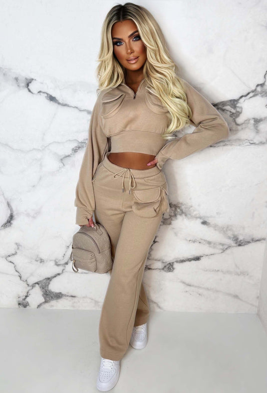 Urban Destination Beige Cargo Pocket Two Piece Loungewear Set