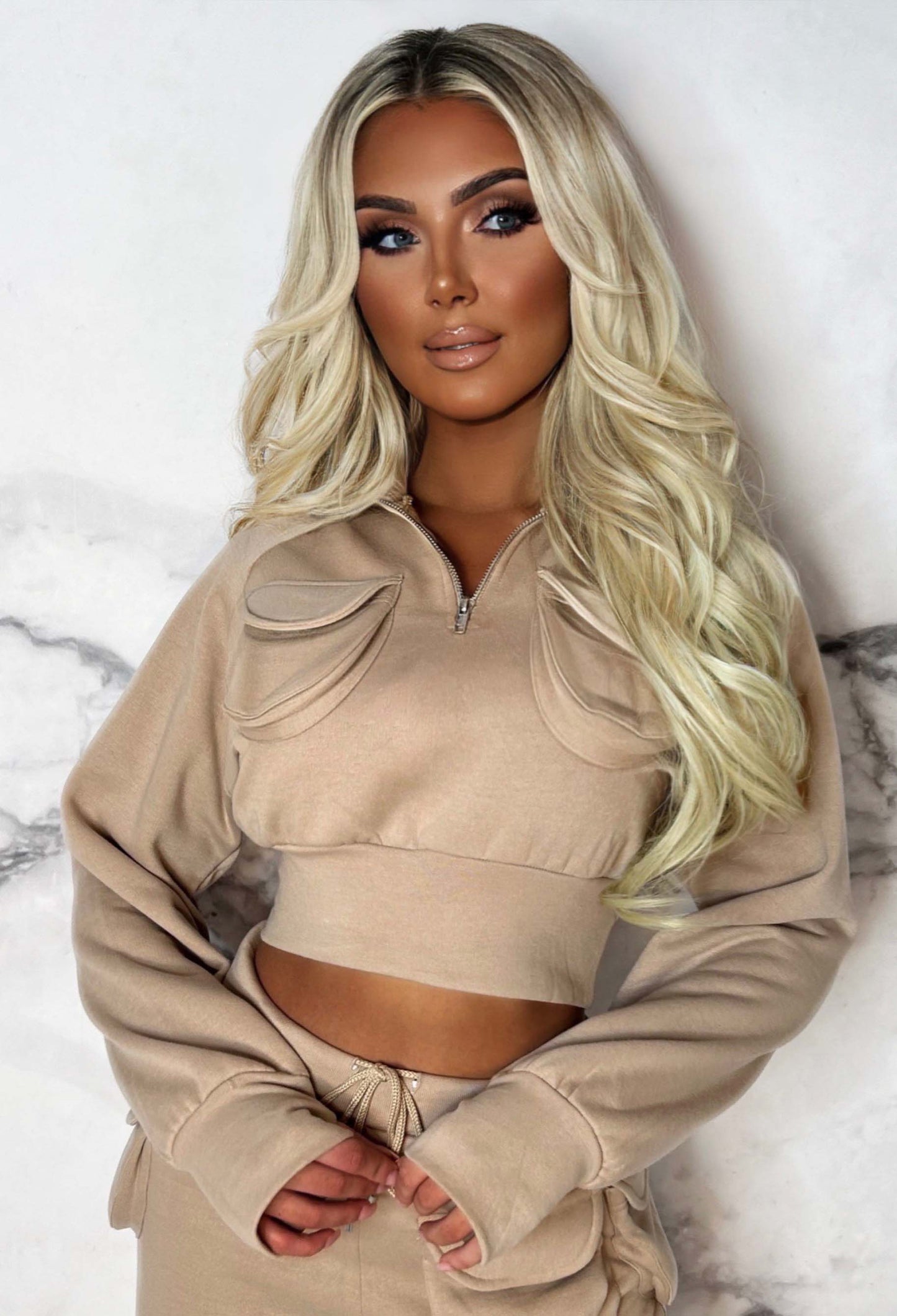 Urban Destination Beige Cargo Pocket Two Piece Loungewear Set