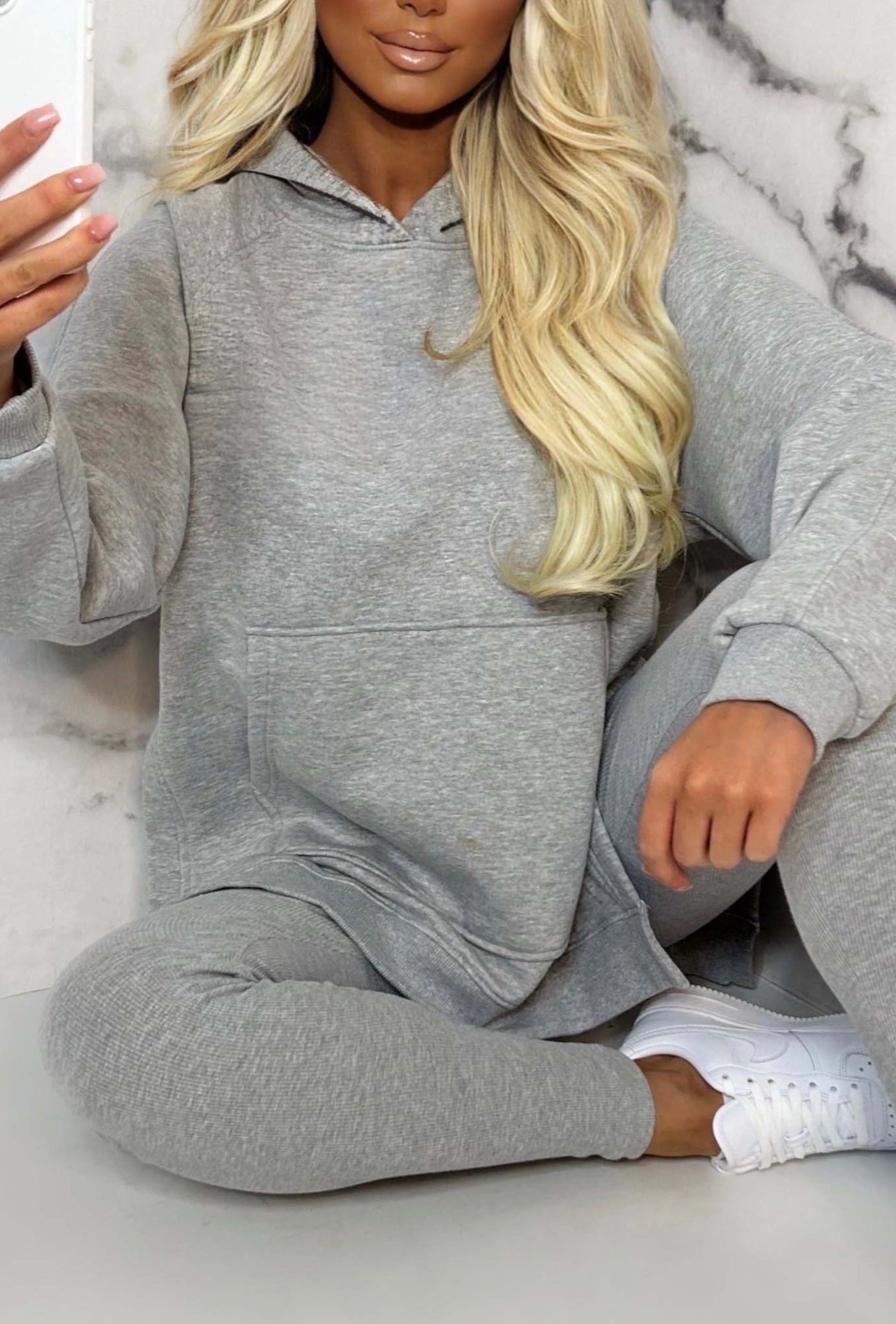 Living The Life Grey Marl Oversized Hoodie With Ribbed Legging Two Piece Loungewear Set