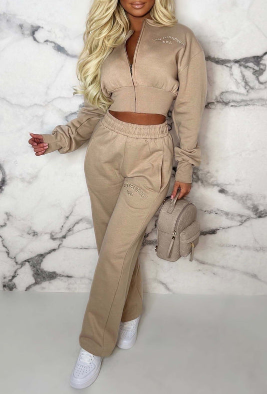 San Fran Dreaming Beige Embroided Cropped Baseball Collar Two Piece Loungewear Set