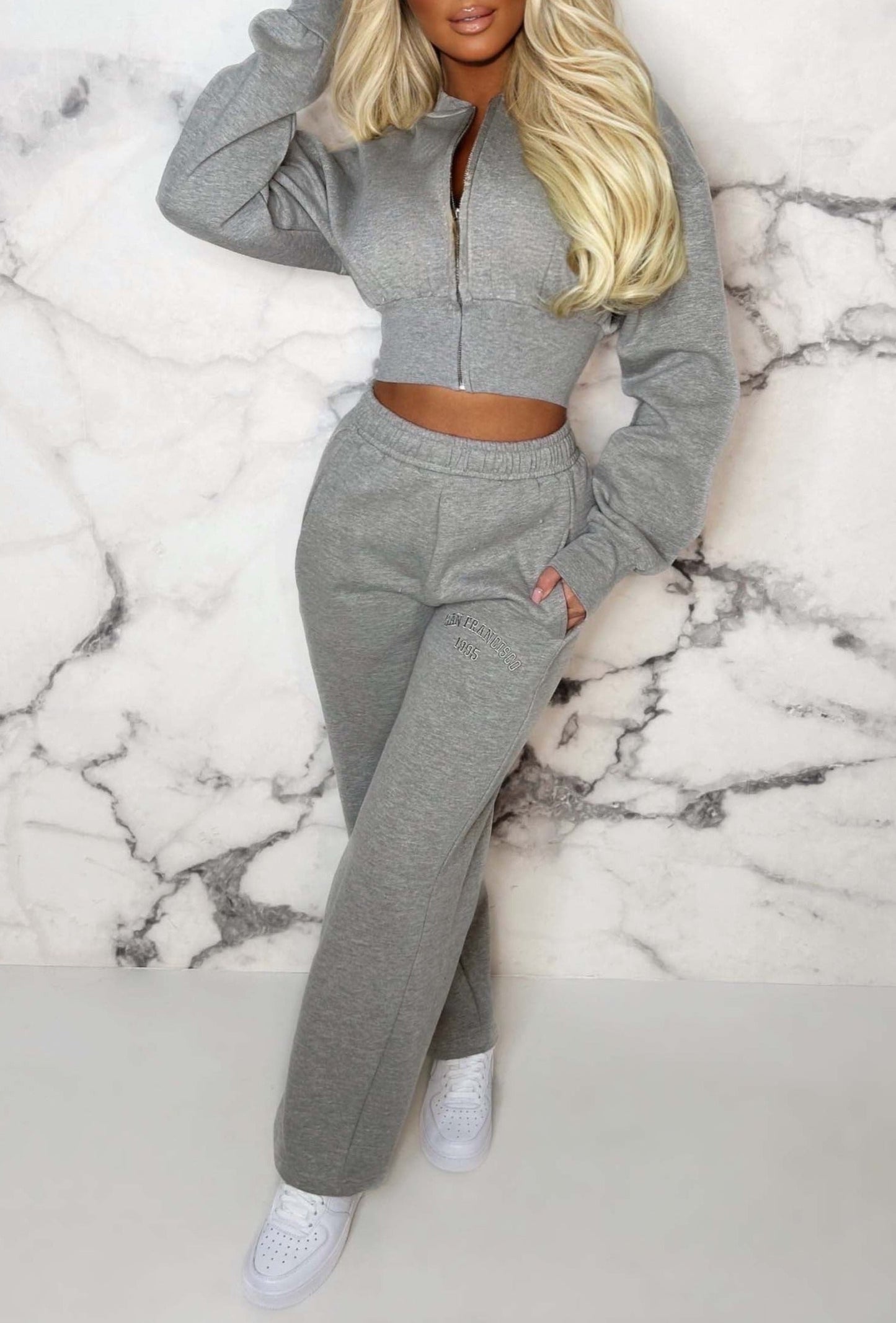 San Fran Dreaming Grey Marl Embroided Cropped Baseball Collar Two Piece Loungewear