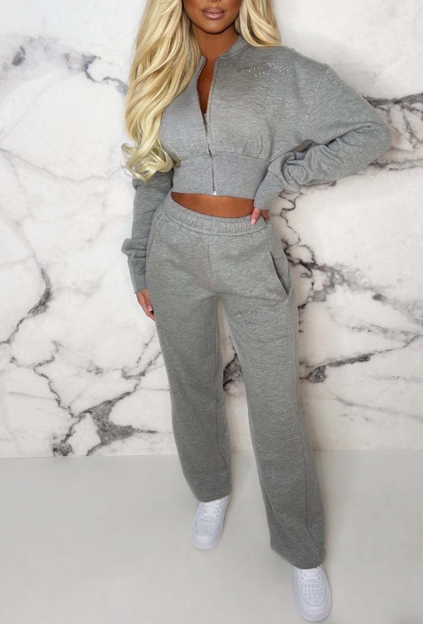 San Fran Dreaming Grey Marl Embroided Cropped Baseball Collar Two Piece Loungewear