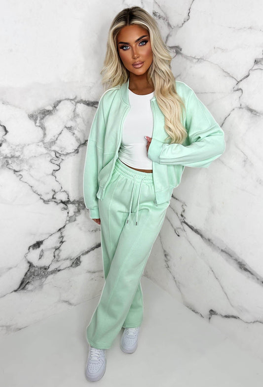 Love On Replay Mint Green Bomber Jacket And Straight Leg Jogger Loungwear Set