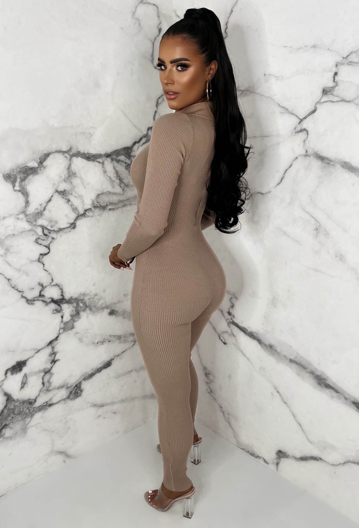 Cosy Illusion Taupe Knitted Rib Enhancing Zip Back Jumpsuit Limited Edition