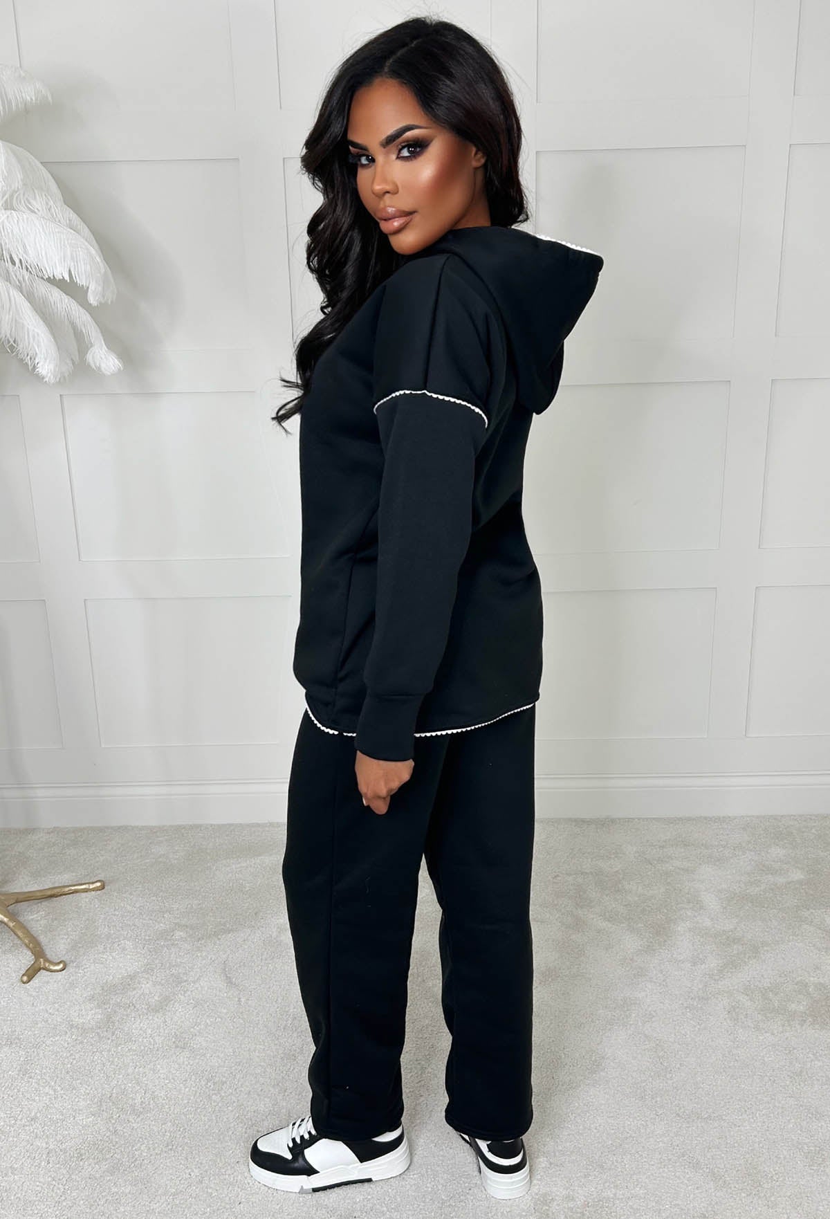 Stitch In Time Black Two Piece Stitch Trim Hooded Loungewear Set