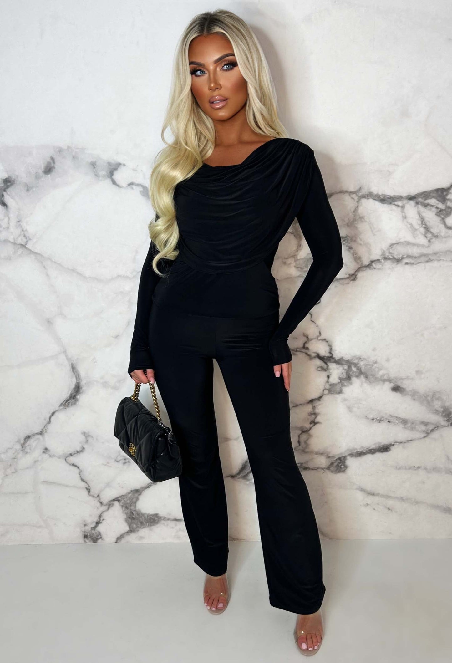 Beyond Chic Black Cowl Neck Long Sleeve Double Layer Two Piece Loungewear Set