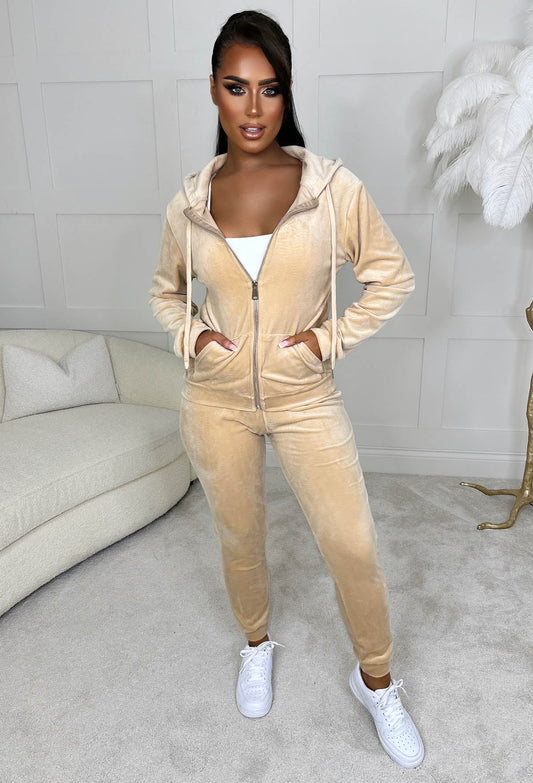 Lounge Season Beige Velour Hooded Zip Up Loungewear Set