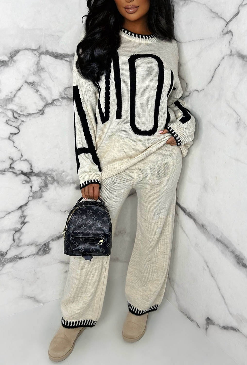 Look Of Amour Natural Amour Contrast Stitch Two Piece Loungewear Set