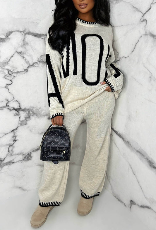 Look Of Amour Natural Amour Contrast Stitch Two Piece Loungewear Set