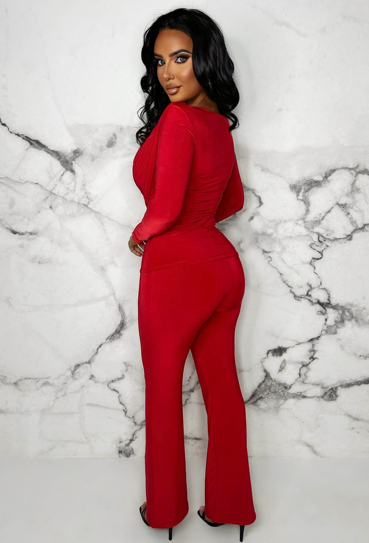 Beyond Chic Red Cowl Neck Long Sleeve Double Layer Two Piece Loungewear Set