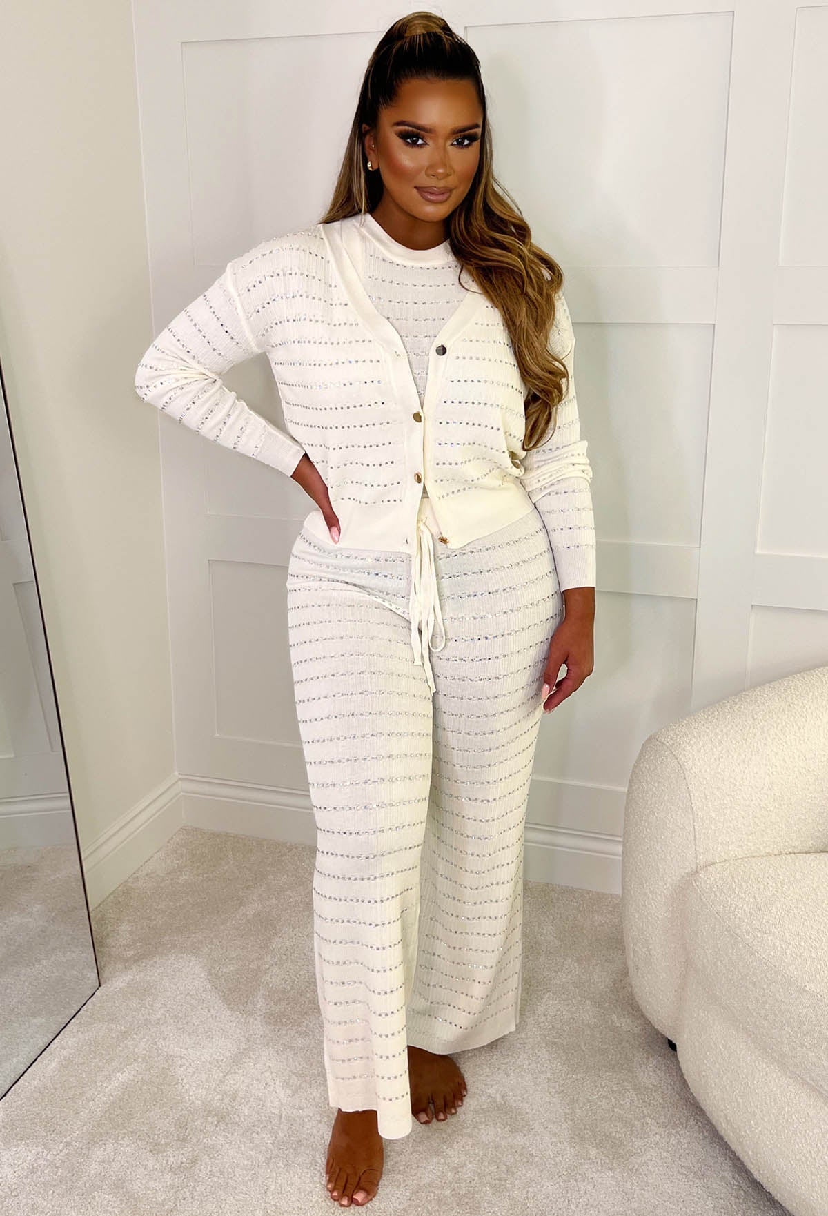 Luminous Elegance Cream Embellished Three-Piece Knitted Loungewear Set Limited Edition