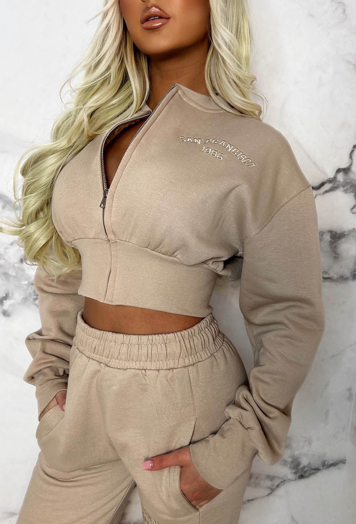 San Fran Dreaming Beige Embroided Cropped Baseball Collar Two Piece Loungewear Set