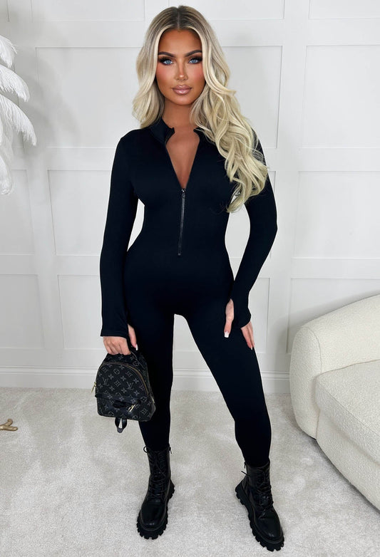 Zip Me Up Black Long Sleeve Waist Cinching Zip Up Unitard