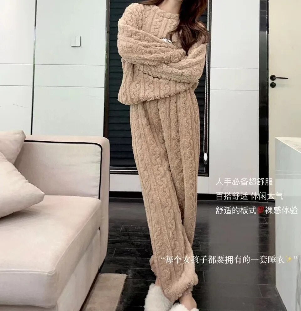 Winter New Coral Fleece Fall Facecloth Warm Home Wear Cute Pajamas Fashion Loose Two-piece Suit Female For Women ShopOnlyDeal