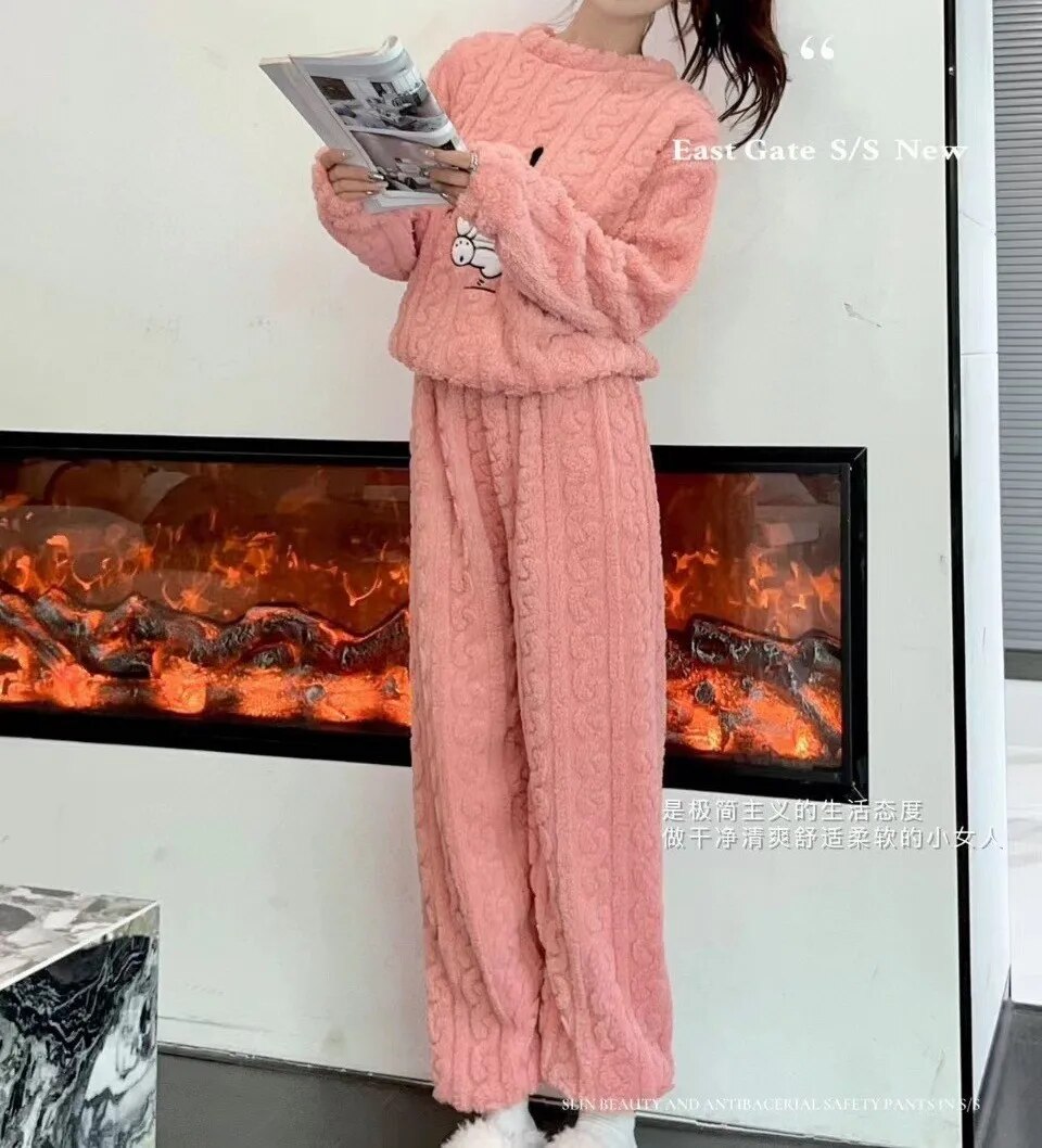 Winter New Coral Fleece Fall Facecloth Warm Home Wear Cute Pajamas Fashion Loose Two-piece Suit Female For Women ShopOnlyDeal