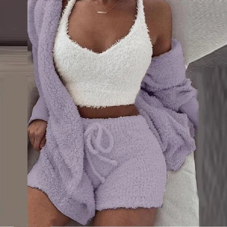 Fluffy Pajamas Set for Women Casual Sleepwear Tank Top and Shorts Plus Size Hoodie Leisure Homsuit Winter 3 Pieces Pijamas MiShiQiFUYun Store