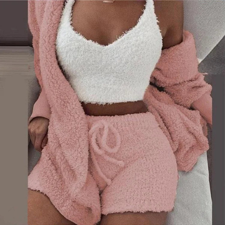 Fluffy Pajamas Set for Women Casual Sleepwear Tank Top and Shorts Plus Size Hoodie Leisure Homsuit Winter 3 Pieces Pijamas MiShiQiFUYun Store