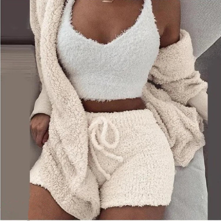 Fluffy Pajamas Set for Women Casual Sleepwear Tank Top and Shorts Plus Size Hoodie Leisure Homsuit Winter 3 Pieces Pijamas MiShiQiFUYun Store
