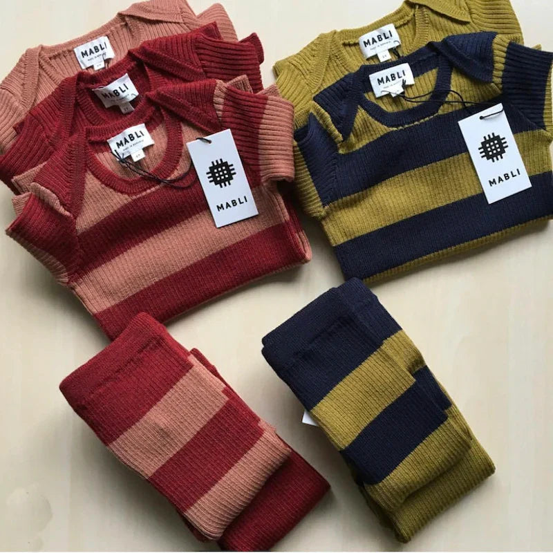 Autumn Winter Girls & Boys Underwear Pajamas Set | Striped Loungewear | Long Sleeve Sweater & Tight-Fitting Kids Knitted Underwear