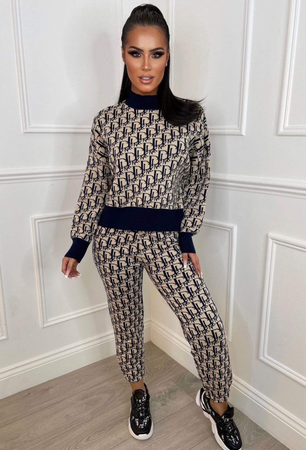 Pink Ladies Navy Turtle Neck Knitted 2pcs Loungewear Set