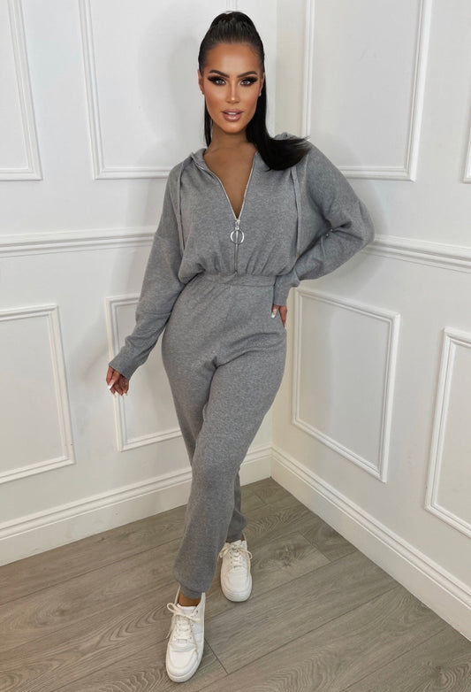 Jump Into Luxe Grey Marl Knitted Hooded Zip Through Jumpsuit