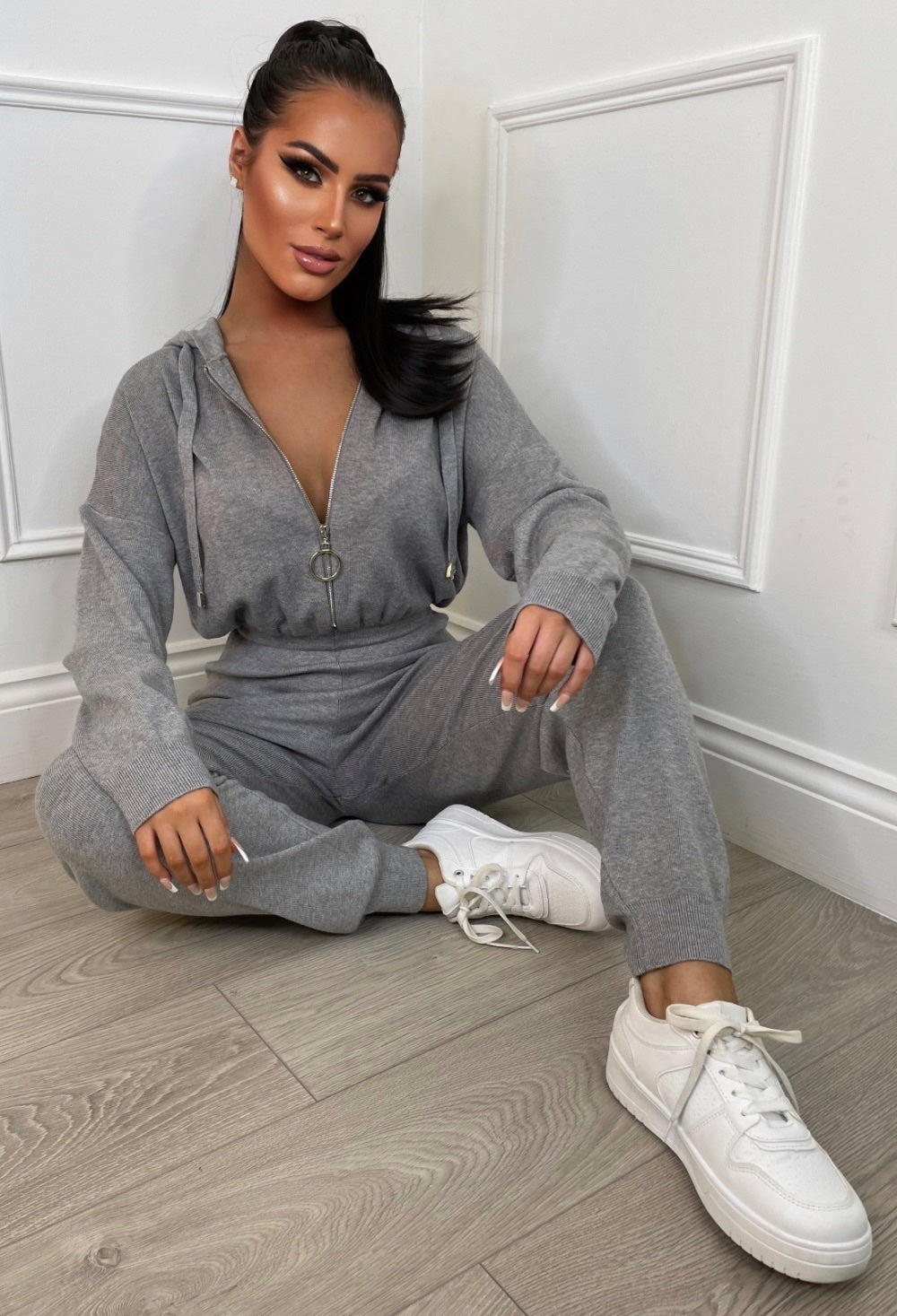 Jump Into Luxe Grey Marl Knitted Hooded Zip Through Jumpsuit
