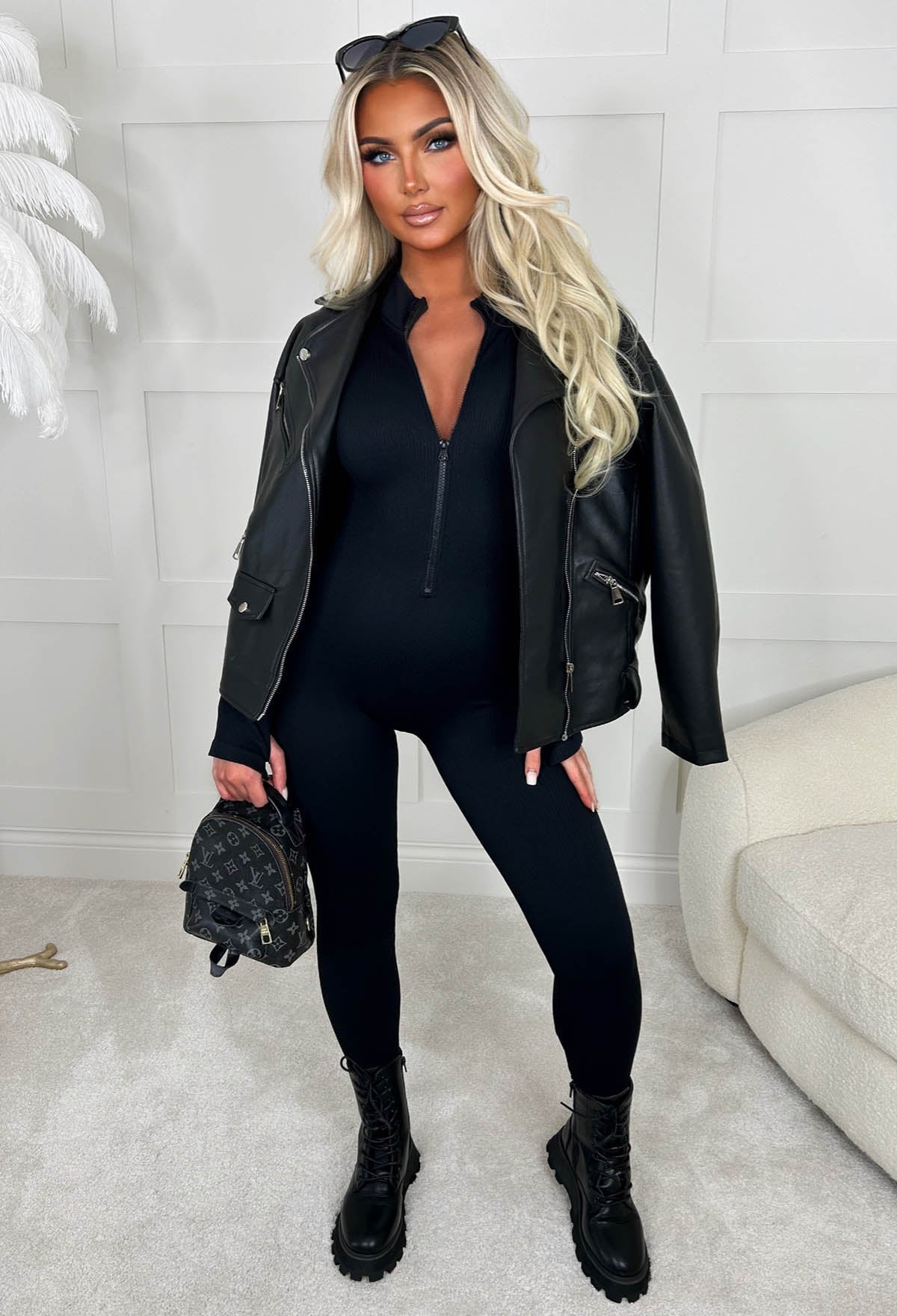 Zip Me Up Black Long Sleeve Waist Cinching Zip Up Unitard