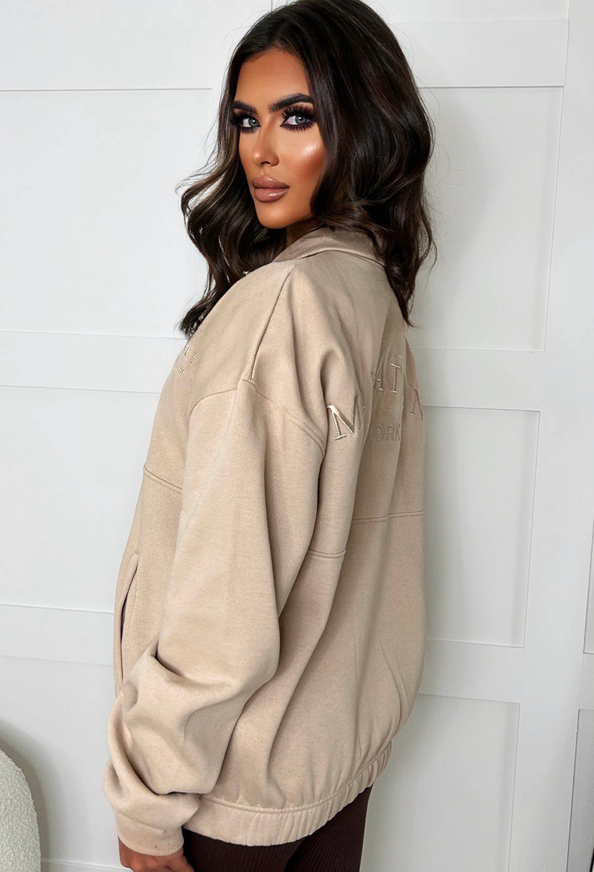 Bring The Style Taupe Manhattan Embroidered Zip Sweatshirt