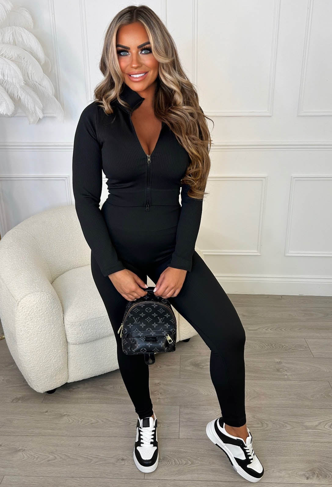 Lean On Me Black Two Piece Zip Top & Leggings Set