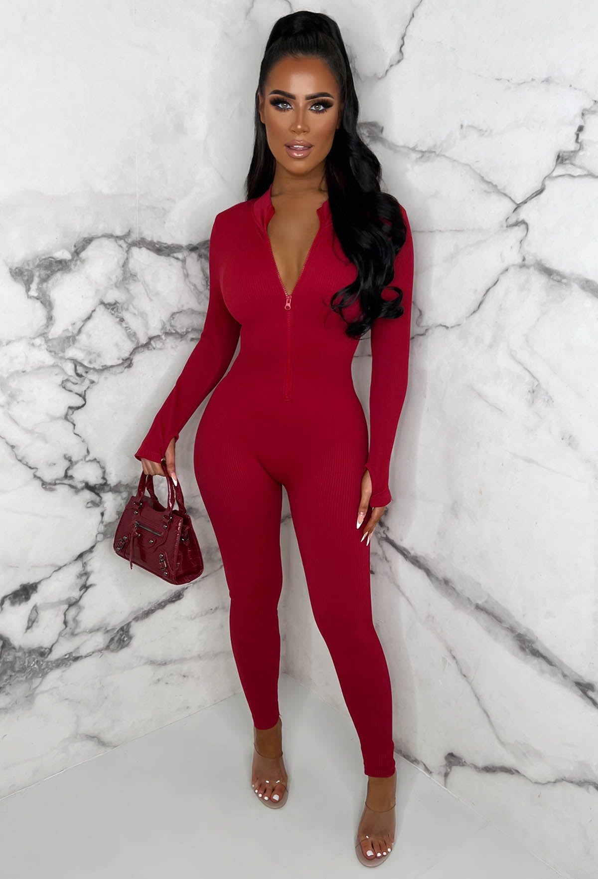 Zip Me Up Red Long Sleeve Waist Cinching Zip Up Unitard