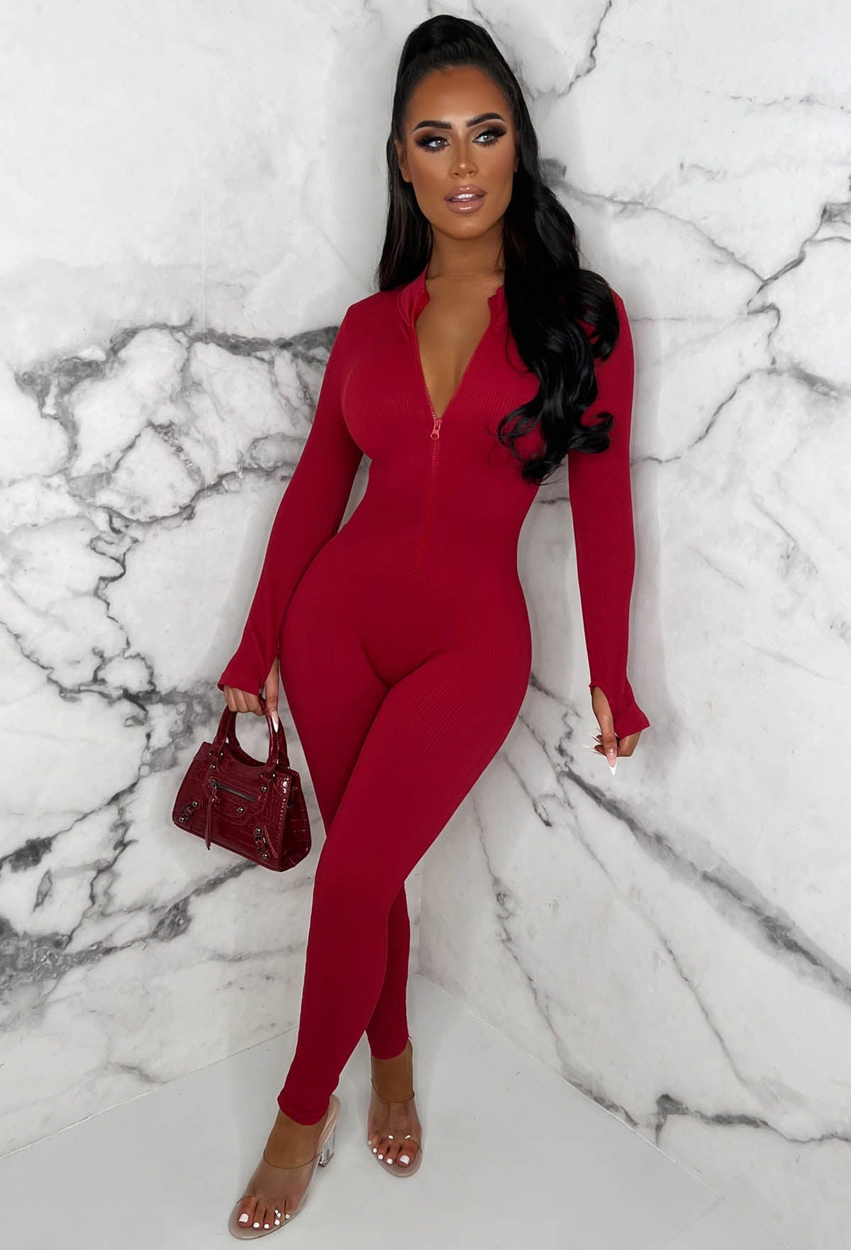 Zip Me Up Red Long Sleeve Waist Cinching Zip Up Unitard