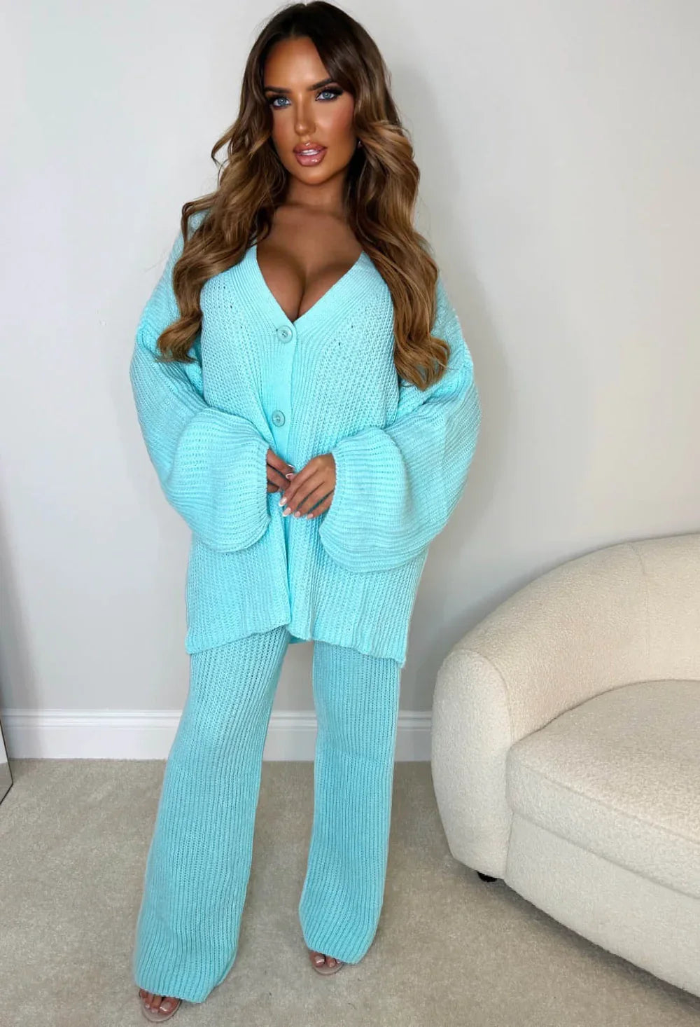 Lounging About Mint Green Two Piece Oversized Knitted Cardigan & Trouser Loungewear Set