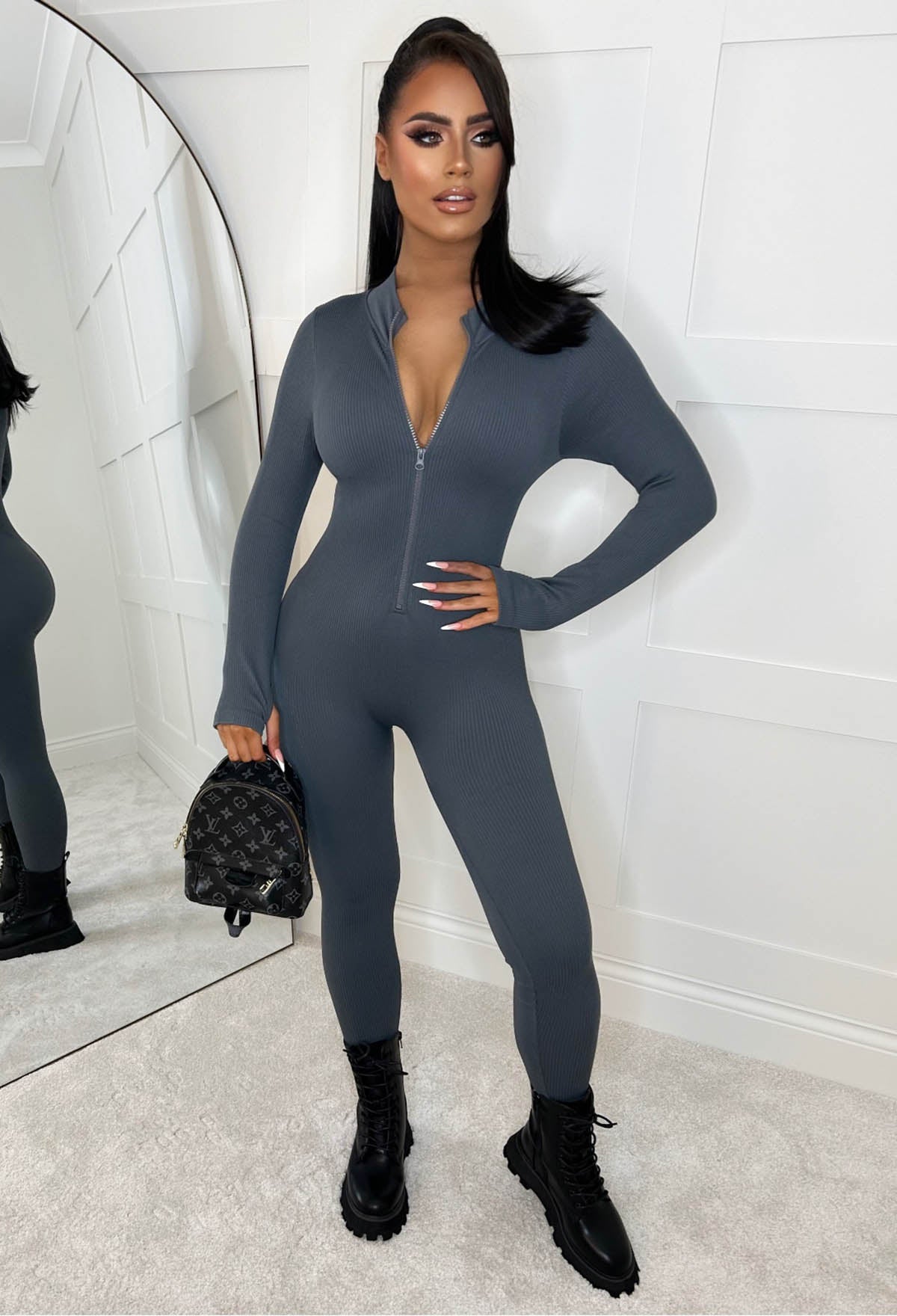 Zip Me Up Grey Long Sleeve Waist Cinching Zip Up Unitard