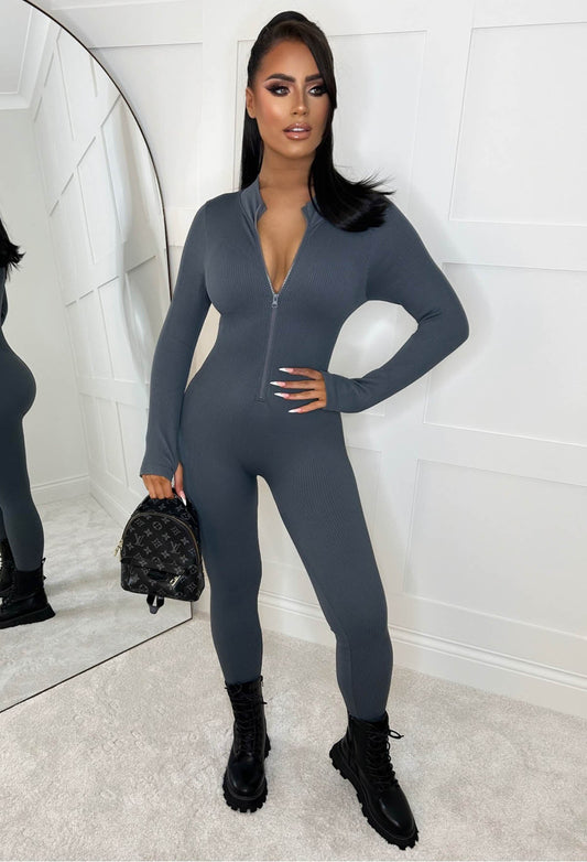 Zip Me Up Grey Long Sleeve Waist Cinching Zip Up Unitard
