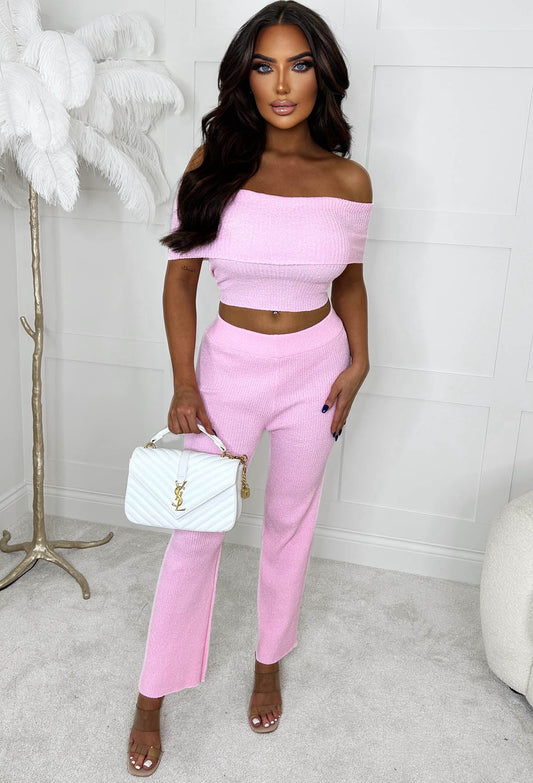 Just Need Love Baby Pink Ultra Soft Bardot Knitted Loungewear Set