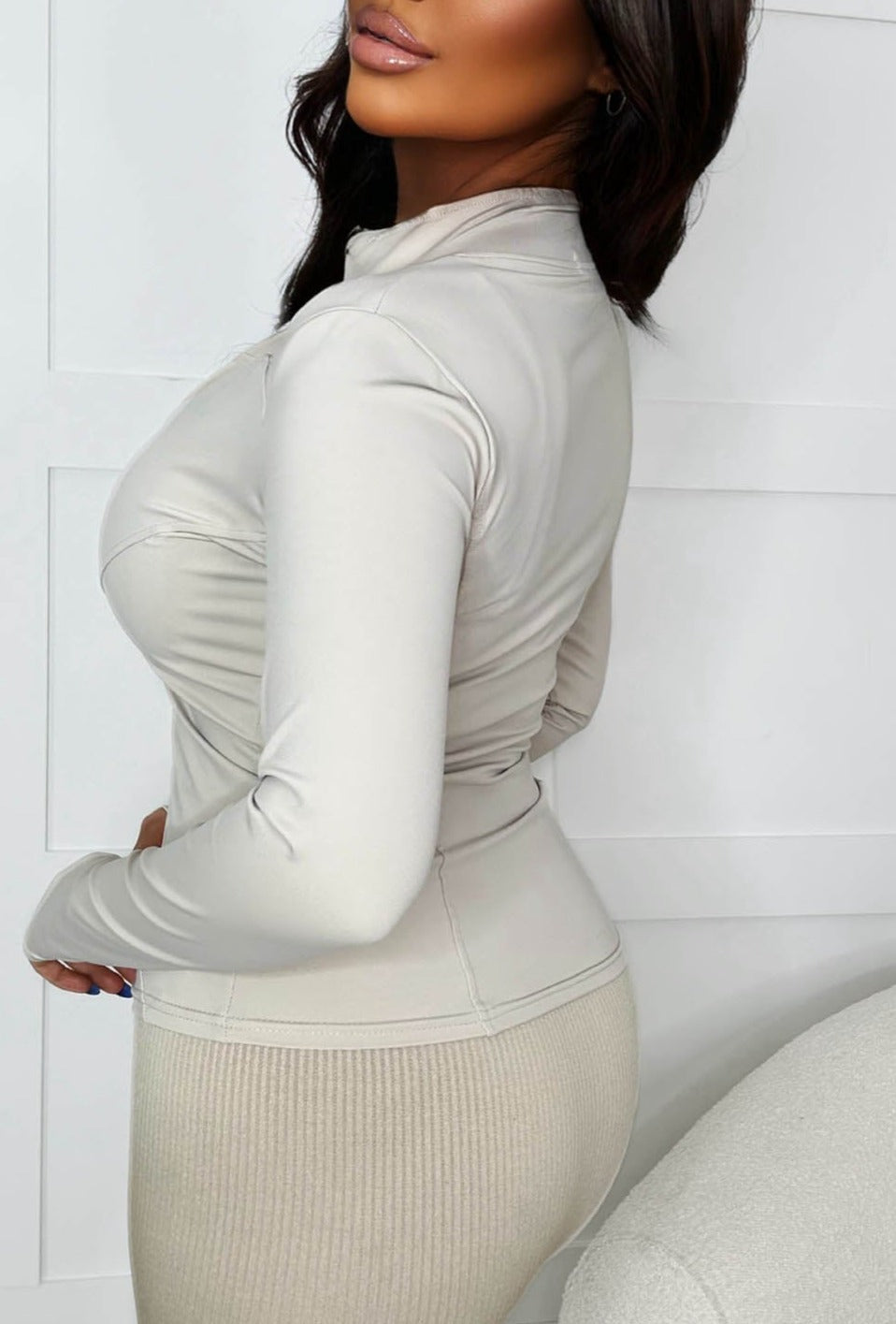 Moving Forward Beige Waist Cinching Thumbhole Sculpt Jacket