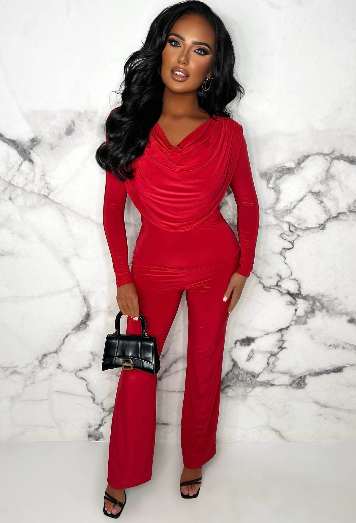 Beyond Chic Red Cowl Neck Long Sleeve Double Layer Two Piece Loungewear Set