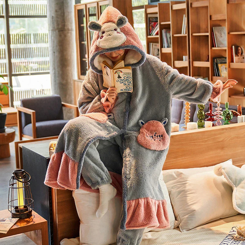 Kawaii Bear Night Dress Flannel Pajamas Nightgown Cute Student Long Coral Velvet Sleepwear Thicken Soft Warm Hooded Pyjama ShopOnlyDeal
