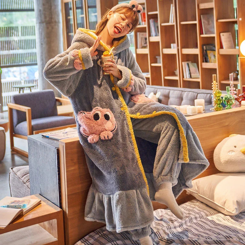 Kawaii Bear Night Dress Flannel Pajamas Nightgown Cute Student Long Coral Velvet Sleepwear Thicken Soft Warm Hooded Pyjama ShopOnlyDeal