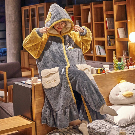 Kawaii Bear Night Dress Flannel Pajamas Nightgown Cute Student Long Coral Velvet Sleepwear Thicken Soft Warm Hooded Pyjama ShopOnlyDeal