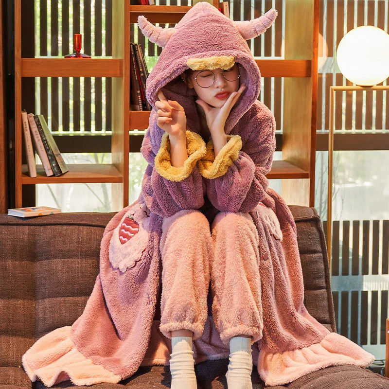 Kawaii Bear Night Dress Flannel Pajamas Nightgown Cute Student Long Coral Velvet Sleepwear Thicken Soft Warm Hooded Pyjama ShopOnlyDeal