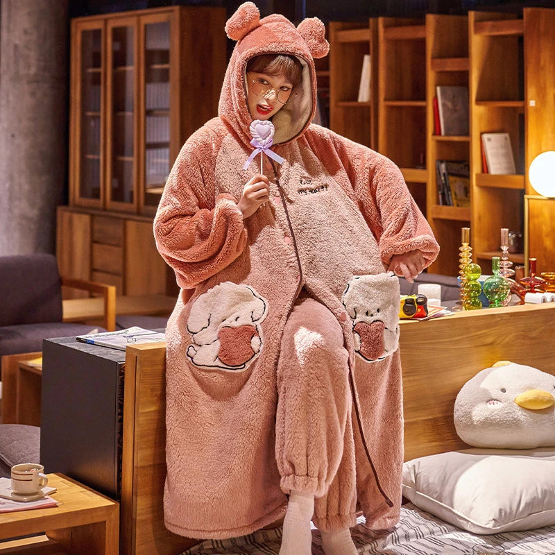 Kawaii Bear Night Dress Flannel Pajamas Nightgown Cute Student Long Coral Velvet Sleepwear Thicken Soft Warm Hooded Pyjama ShopOnlyDeal