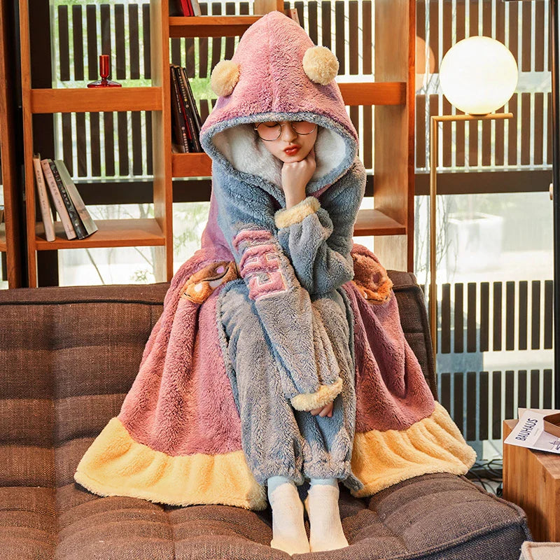 Kawaii Bear Night Dress Flannel Pajamas Nightgown Cute Student Long Coral Velvet Sleepwear Thicken Soft Warm Hooded Pyjama ShopOnlyDeal