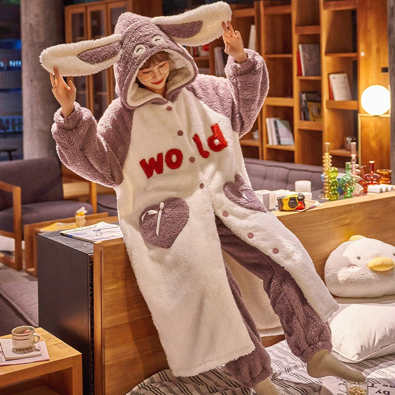 Kawaii Bear Night Dress Flannel Pajamas Nightgown Cute Student Long Coral Velvet Sleepwear Thicken Soft Warm Hooded Pyjama ShopOnlyDeal