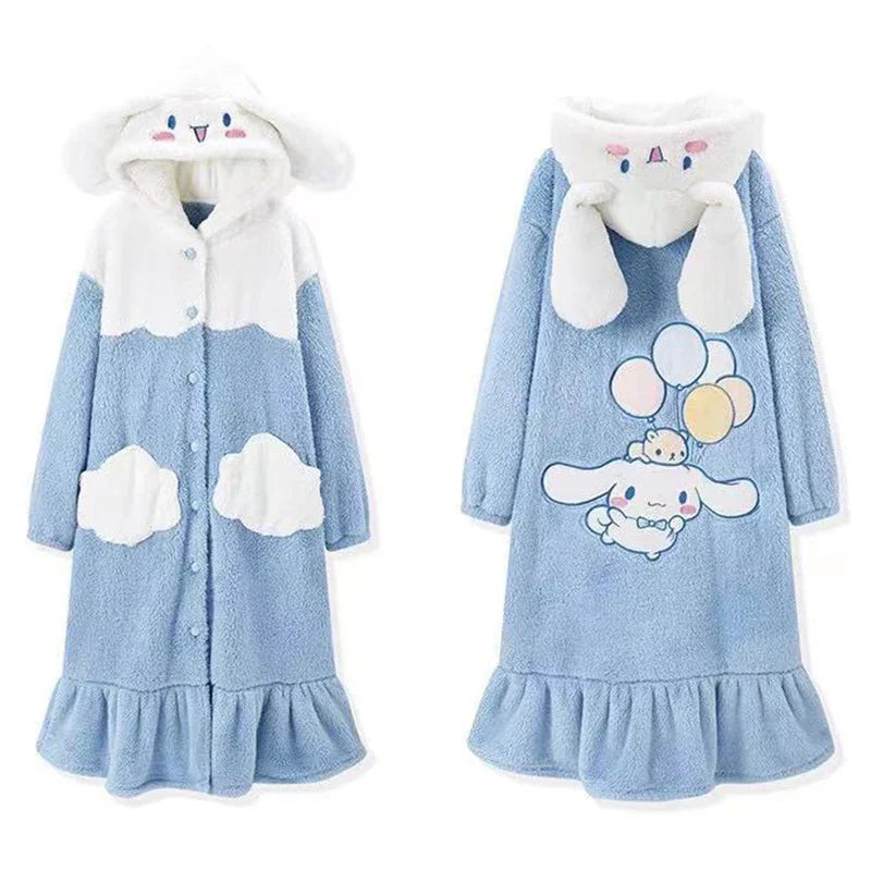 Kawaii Winter Pajamas Thick Plush for Women Flannel Long Sleeve Cute Cartoon Nightdress Embroidery Long-eared Dog Nightgown Robe ShopOnlyDeal